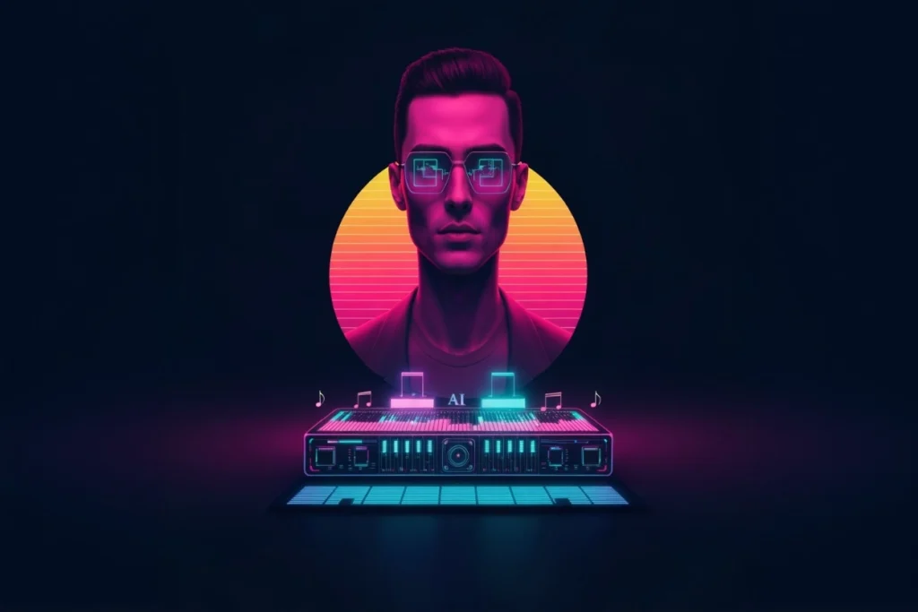 Illustration futuriste d’une identité sonore IA avec interface musicale numérique et intelligence artificielle générant de la musique