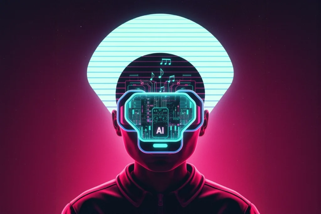 Illustration futuriste d’identité sonore IA avec interface numérique de création musicale et intelligence artificielle immersive