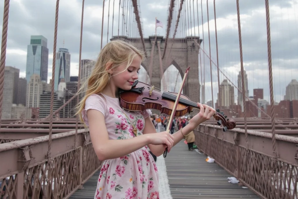 Illustration qu'est ce qu'une identité sonore Jeune musicienne jouant du violon sur le pont de Brooklyn à New York
