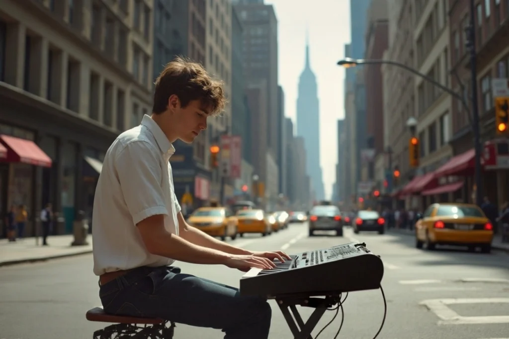 Jeune homme jouant du clavier électronique au milieu d’une rue animée de New York