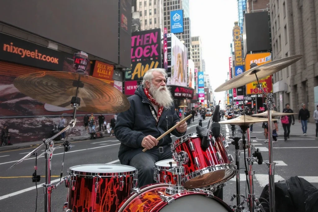 Illustration : Bénéfices et avantages d'une identité sonore Batteur aux cheveux blancs jouant sur une batterie rouge à Times Square, New York