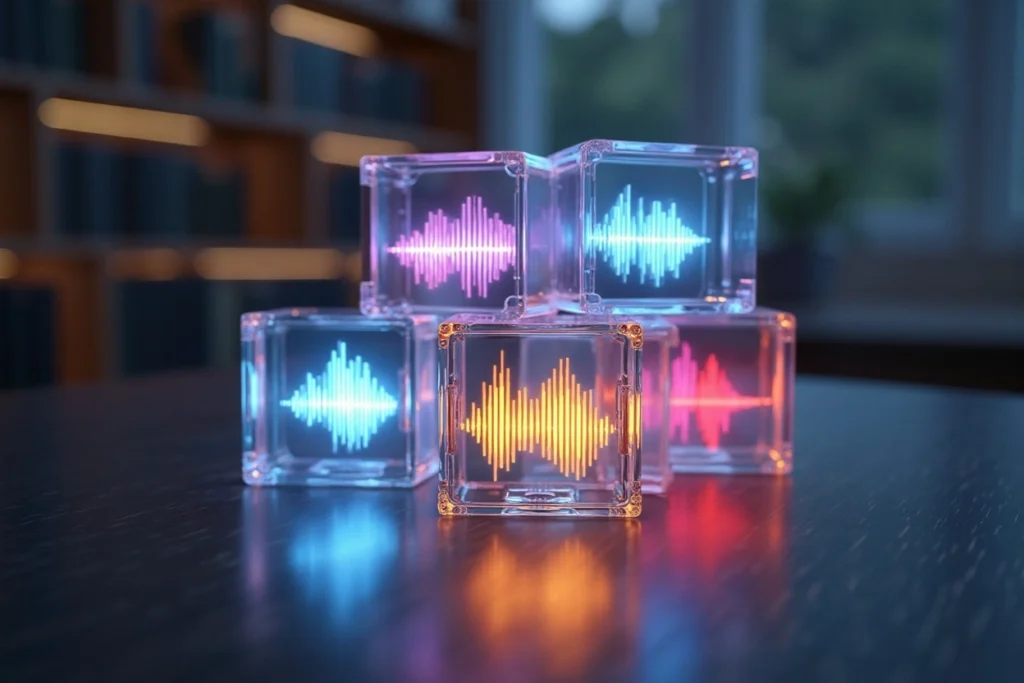 Illustration symbolique d’une identité sonore structurée, représentée par des blocs lumineux affichant des ondes sonores.