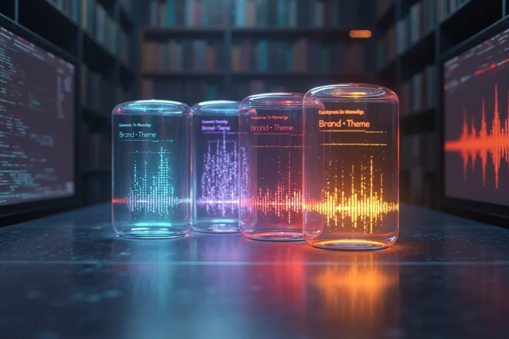Bibliothèque d’éléments audio symbolisant la richesse et la structure d’un territoire sonore complet pour une marque.