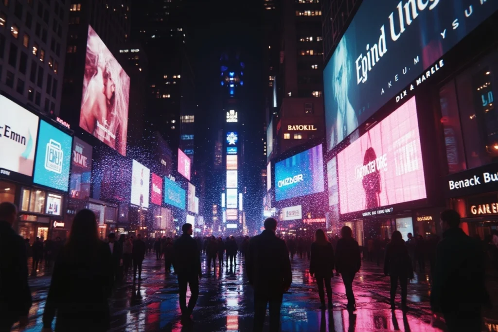 Des panneaux publicitaires émettant des ondes sonores dans une ville de nuit
