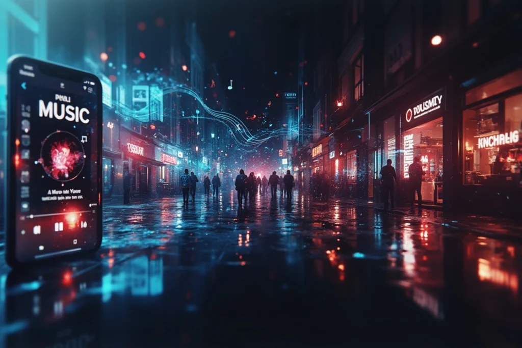 Éléments digitaux connectés par des notes de musique