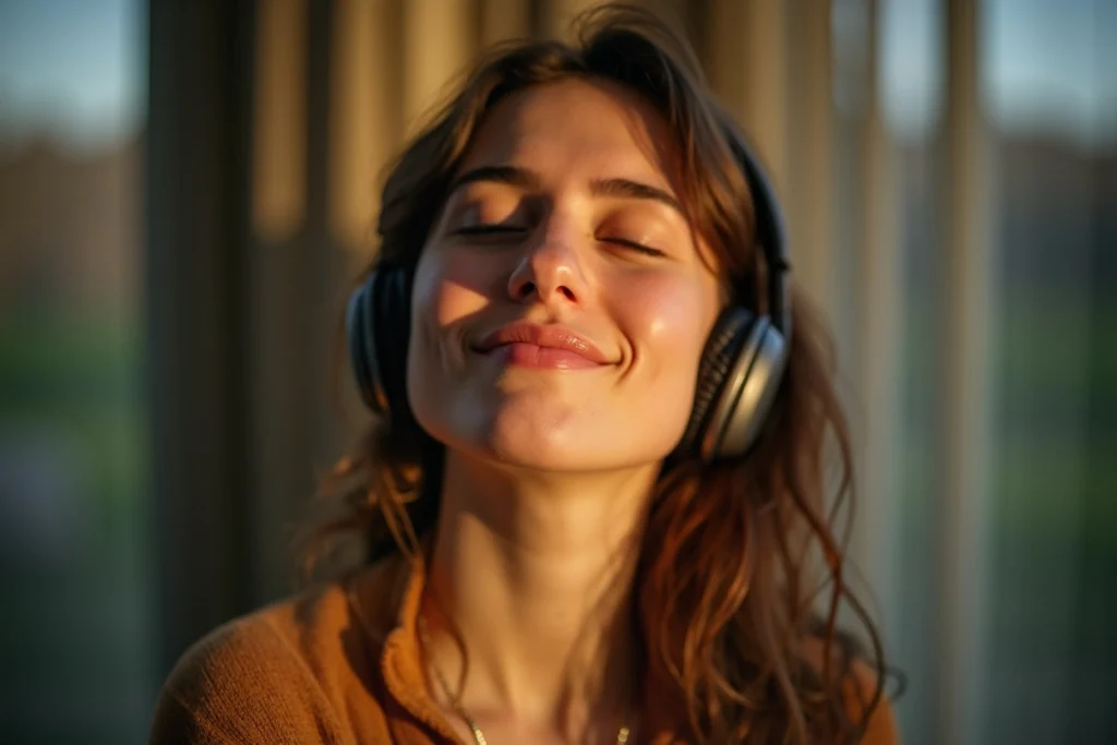 Personne souriante avec écouteurs, évoquant l’émotion suscitée par une identité sonore engageante et une stratégie musicale de marque claire.
