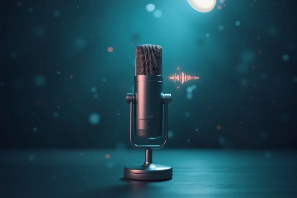 Microphone et onde claire sur fond flou, symbolisant un message audible grâce à l’identité sonore et une stratégie musicale de marque claire.