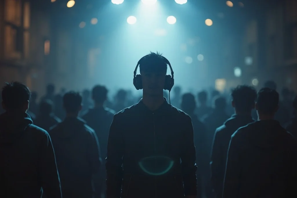Personne unique dans une foule avec casque audio, illustrant la différenciation par la stratégie musicale de marque
