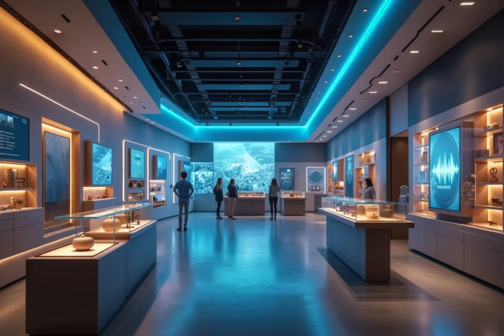 Espace immersif avec sound design intégré, illustrant l’expérience de marque via l’identité sonore