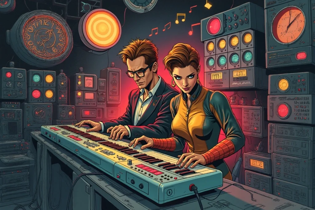 Duo de superhéros vintage créant une identité sonore avec des instruments futuristes