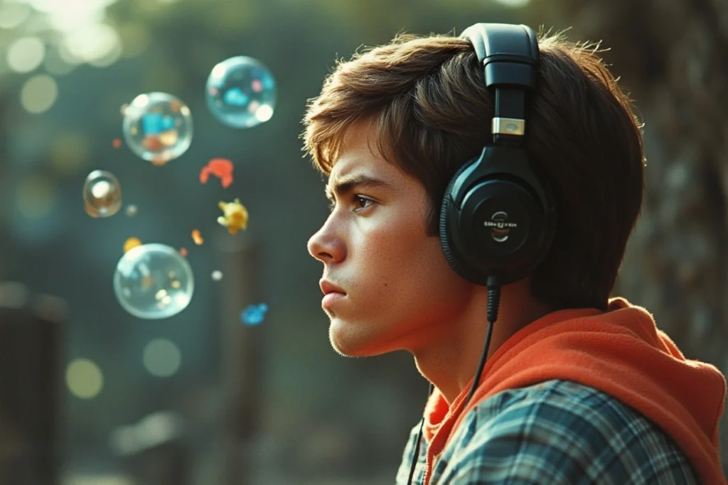 Personne écoutant de la musique, entourée d’ondes sonores et de souvenirs abstraits