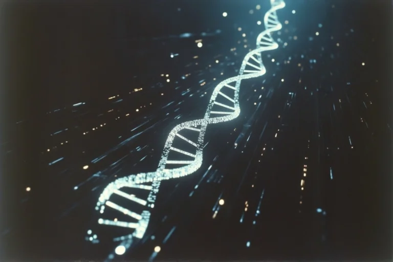 Illustration futuriste d’un ADN composé de notes de musique et d’ondes sonores