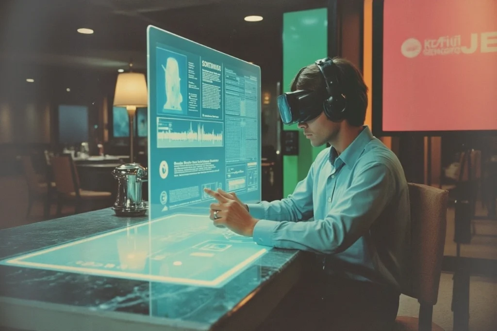 Personne interagissant avec une interface sonore holographique dans un univers futuriste