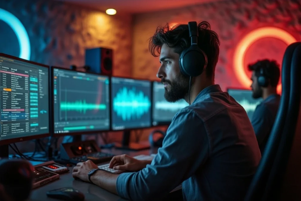 Creative team working in a sound studio on audio brand identities for Brandy Sound, surrounded by computers and recording equipment.