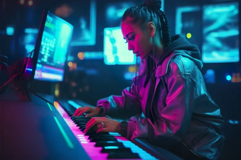 Compositrice travaillant sur un clavier et un logiciel de musique dans le studio Brandy Sound, illustrant la création musicale et la production sonore.