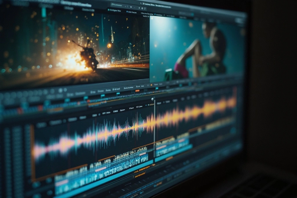 Computer screen showing video editing software with visible audio waveforms, illustrating Brandy Sound’s sound design and audio branding work for audiovisual productions. Brandy Sound : sound production and bespoke music.