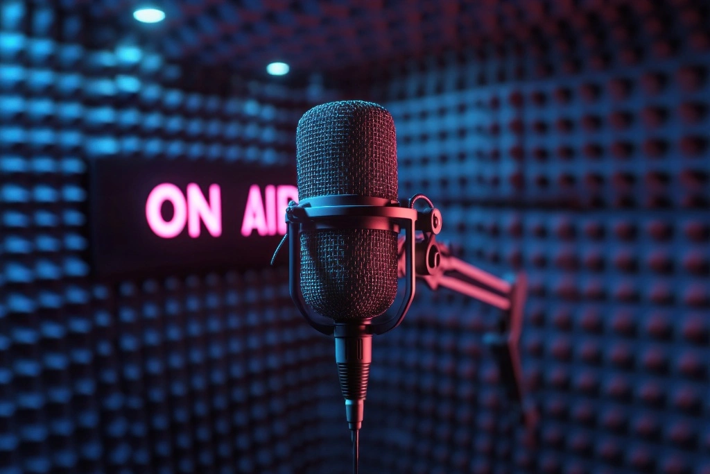 Professional microphone in a recording studio with a glowing “On Air” sign, illustrating radio spot production by Brandy Sound.
