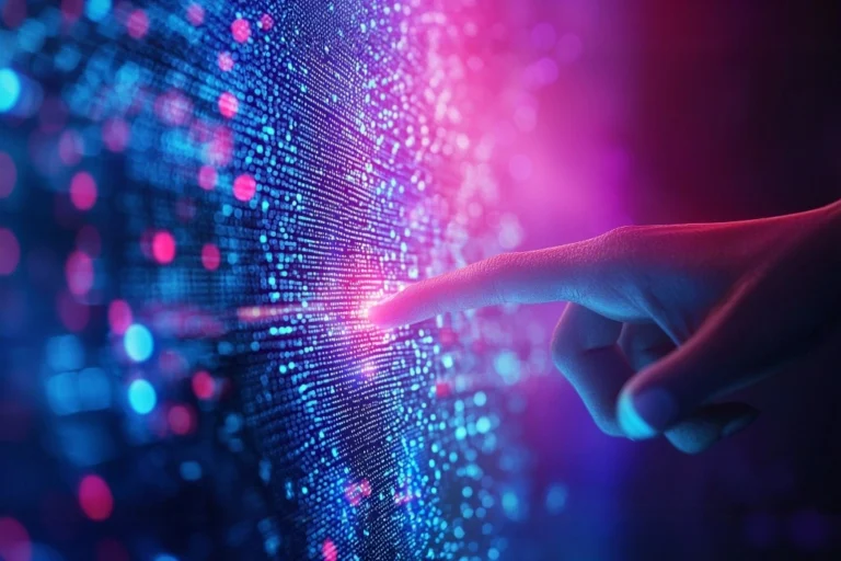 Finger touching a glowing digital screen, symbolizing UX Sound Design and user experience crafted by Brandy Sound.