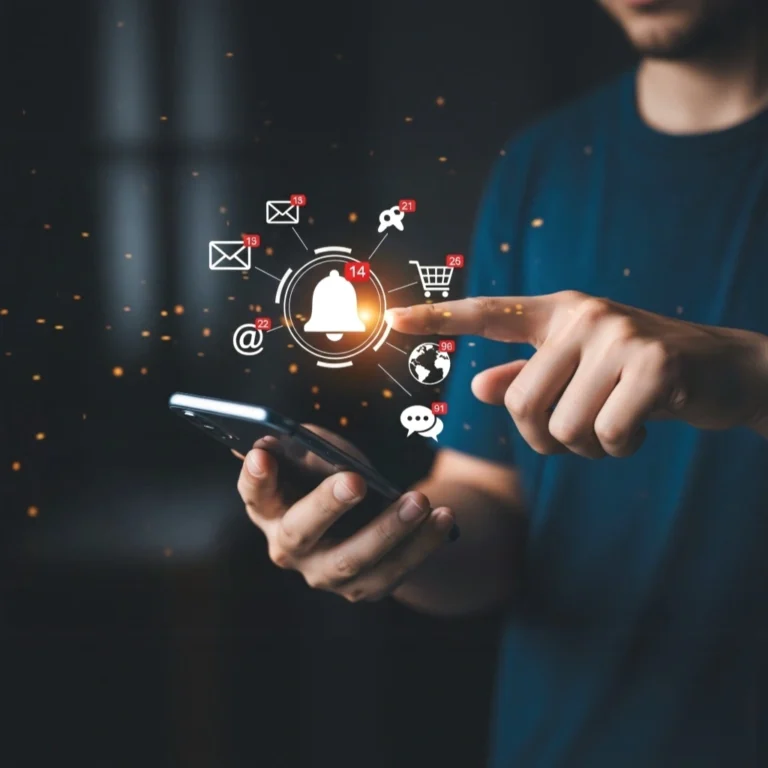 Hand holding a smartphone with notification icons, illustrating the impact of UX Sound Design in digital user interactions by Brandy Sound.
