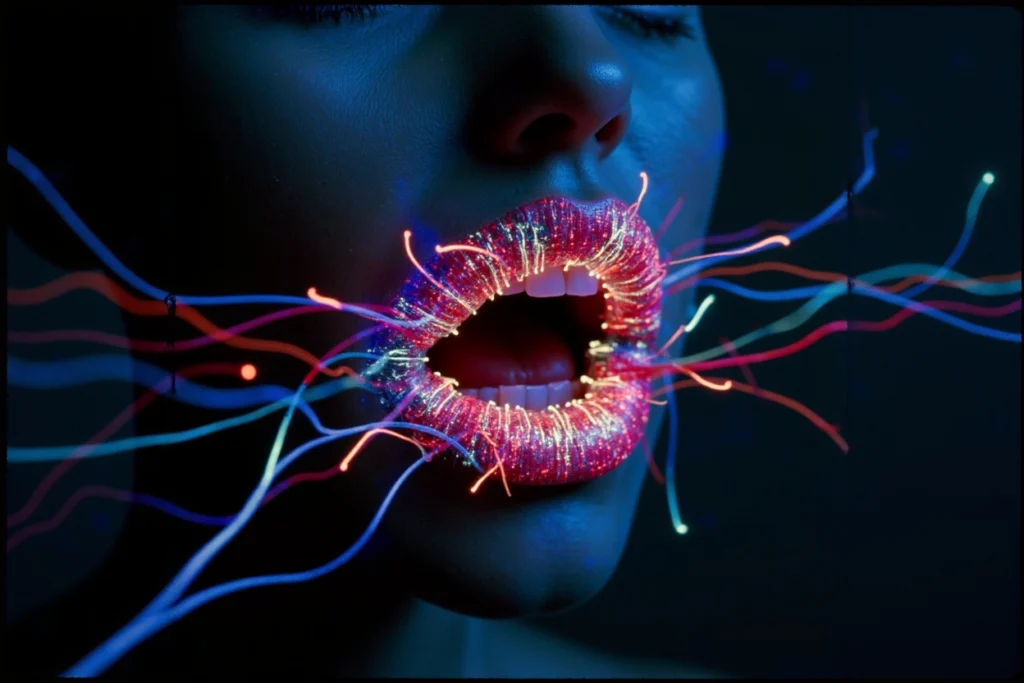 Illustration artistique de la communication sonore : une bouche entourée de fils lumineux symbolise l’impact émotionnel du son.