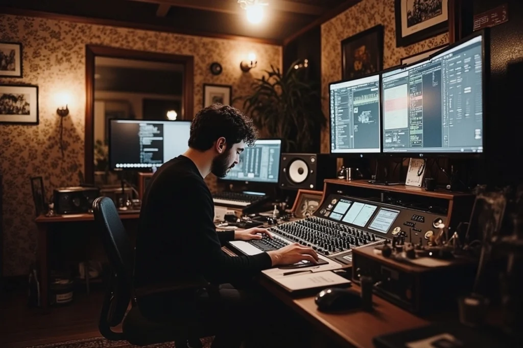 Designer sonore travaillant sur une identité audio dans un studio de création