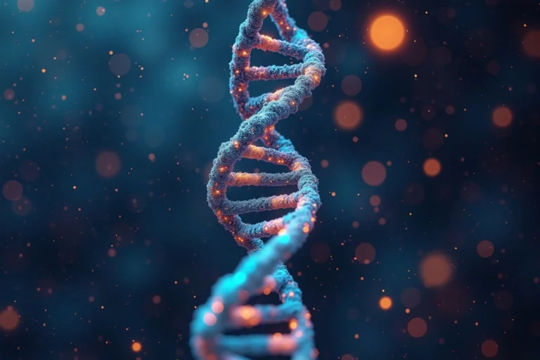 Chaîne d’ADN en 3D sur fond sombre, symbolisant l’ADN sonore d’une marque et sa personnalité musicale.