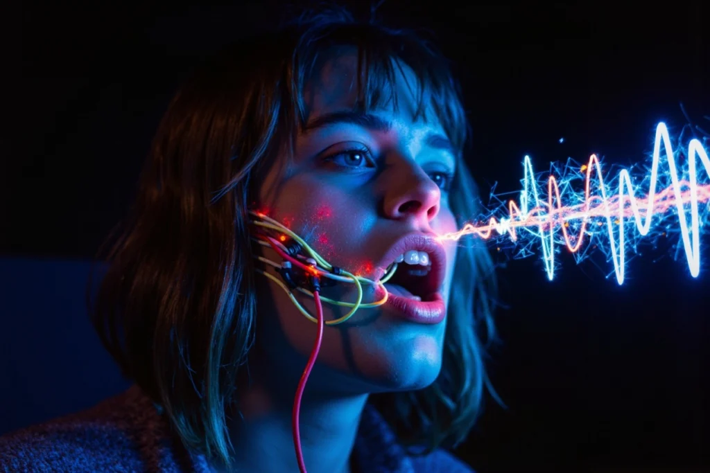 Bouche humaine brodée de câbles audio symbolisant une interface MIDI, évoquant l’expression sonore ou l'identité musicale d’une marque.