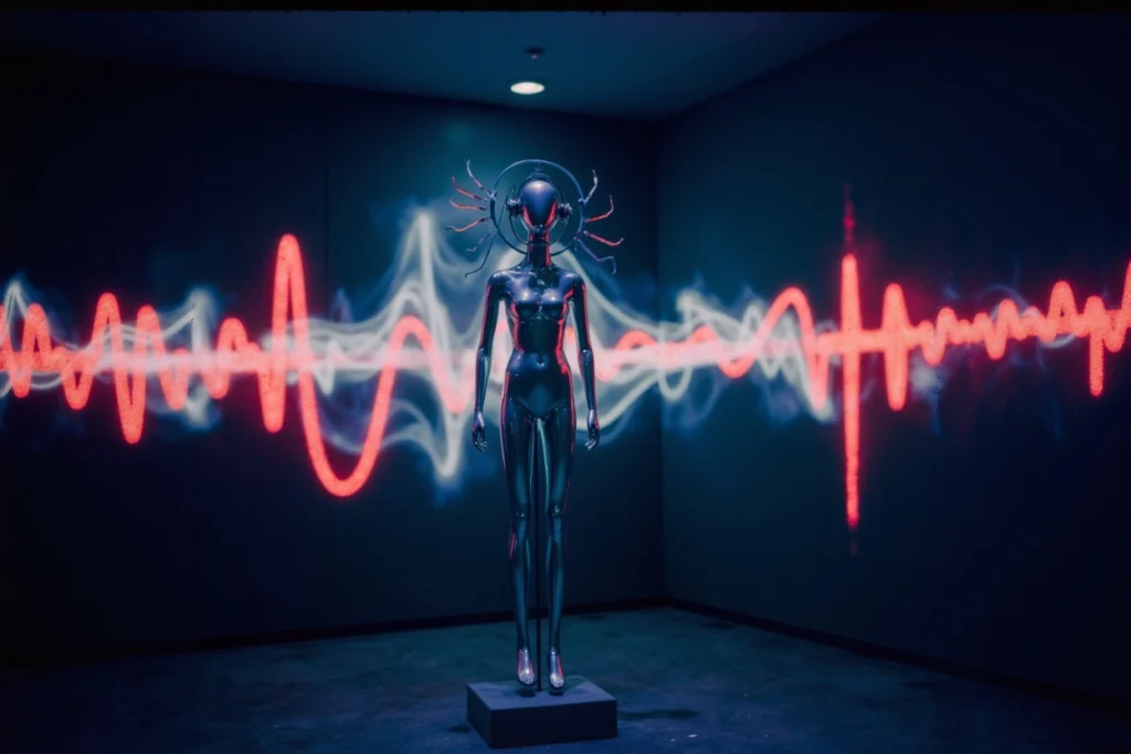 Mannequin flottant avec des oreilles connectées à des vagues sonores liquides, symbolisant l’immersion audio dans l’univers de marque.