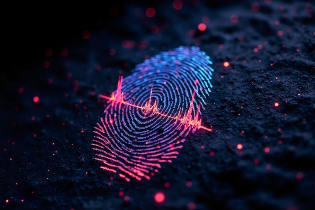 Empreinte digitale constituée de spectres audio colorés représentant l’identité musicale unique d’une marque.