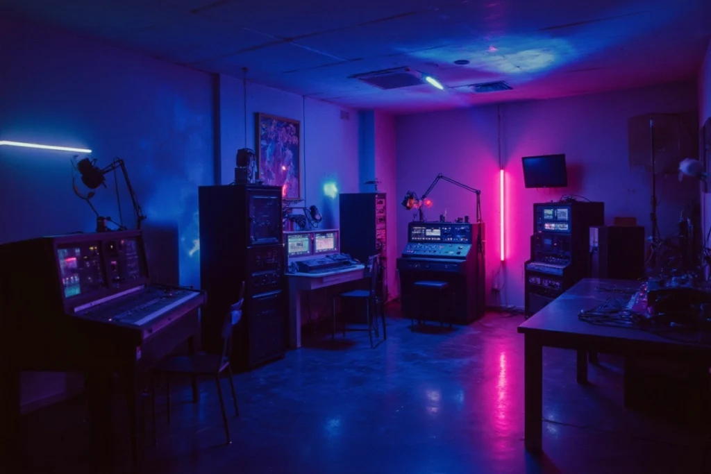 Studio de création dédié à la communication sonore, avec équipements et éclairages néon immersifs.