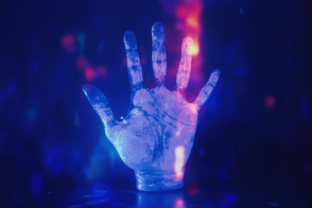 Représentation symbolique de la communication sonore par une main lumineuse illustrant l’impact sensoriel et émotionnel du son.