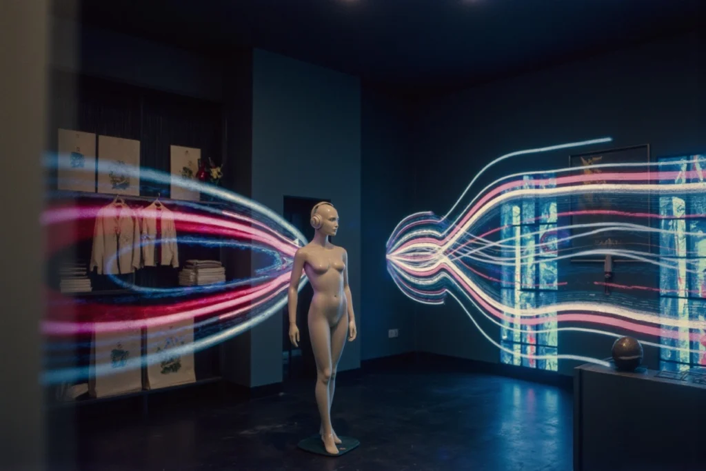 Illustration de la communication sonore dans un espace de vente : un mannequin connecté à des flux audio visuels.