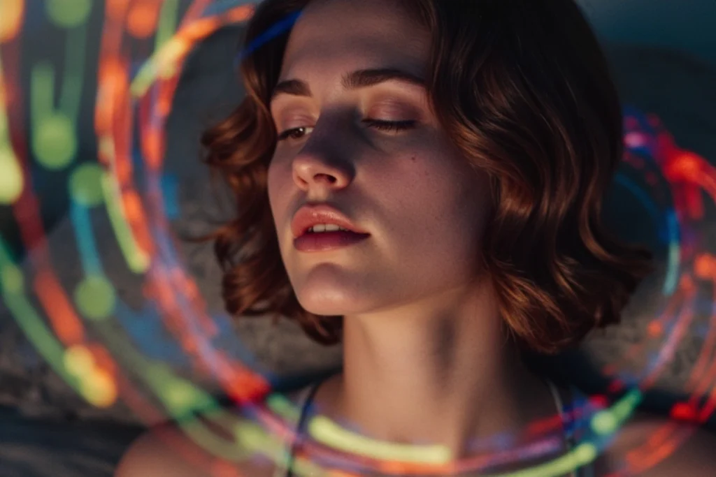 Femme émue, yeux fermés, entourée de vagues lumineuses illustrant l’impact émotionnel de la musique de marque.