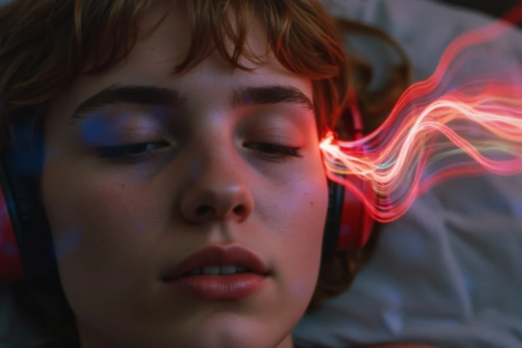 Jeune femme avec casque audio, visualisation lumineuse du son symbolisant la diffusion de la musique de marque.