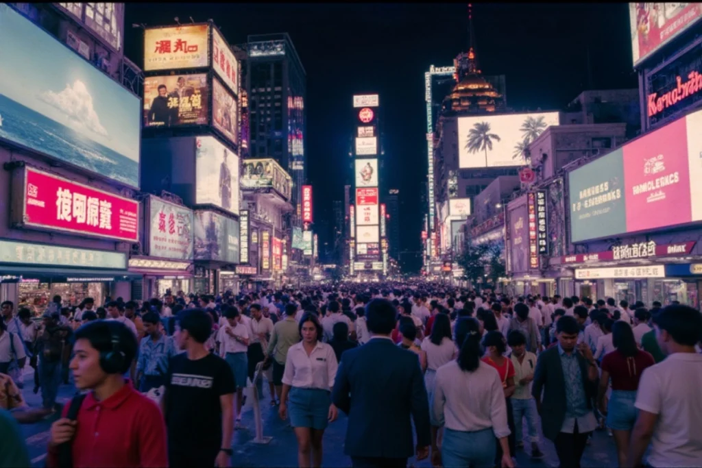 Foule dense dans une rue saturée de publicités lumineuses, illustrant le besoin d’une musique de marque distinctive.