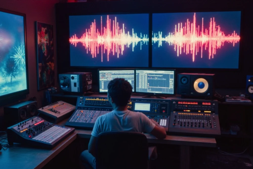 Compositeur dans un studio moderne créant une musique de marque personnalisée sur écran.