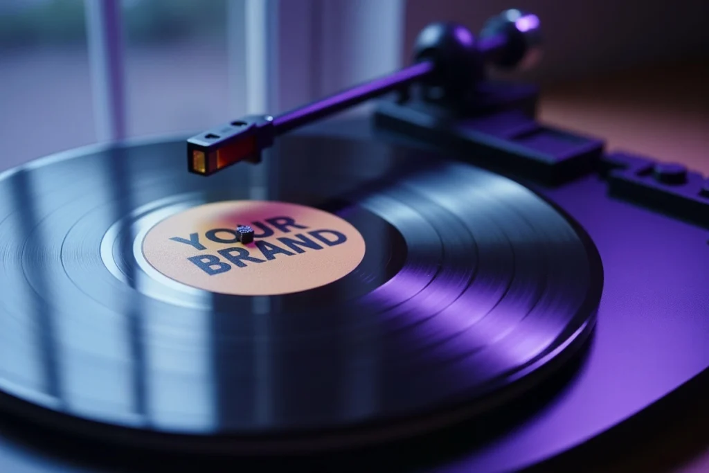 Disque vinyle noir marqué « YOUR BRAND » illustrant le concept de logo sonore, identité sonore et branding musical.