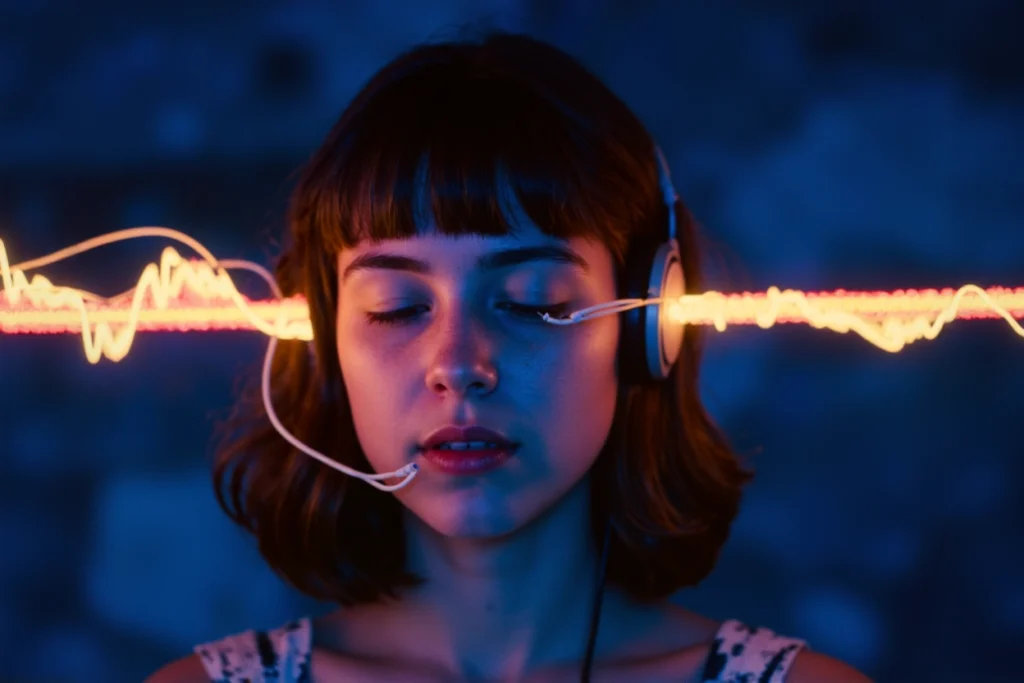 Jeune femme portant un casque audio avec une onde sonore lumineuse traversant son esprit, symbolisant l’impact émotionnel du sound design.