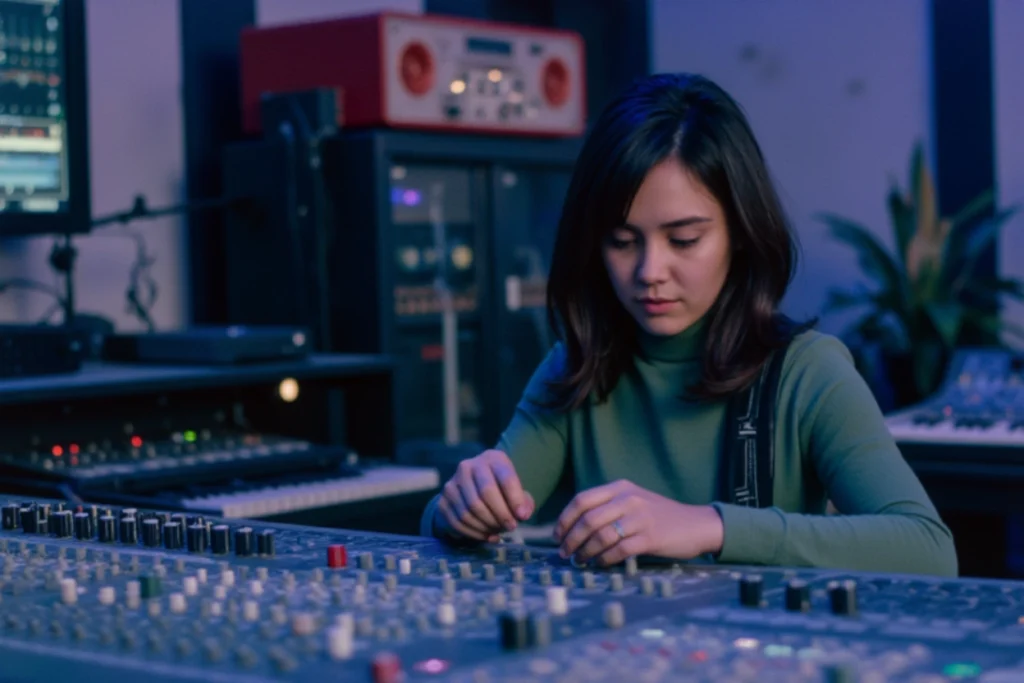 Sound designer travaillant dans un studio de mixage audio professionnel – image illustrant l’univers du sound design