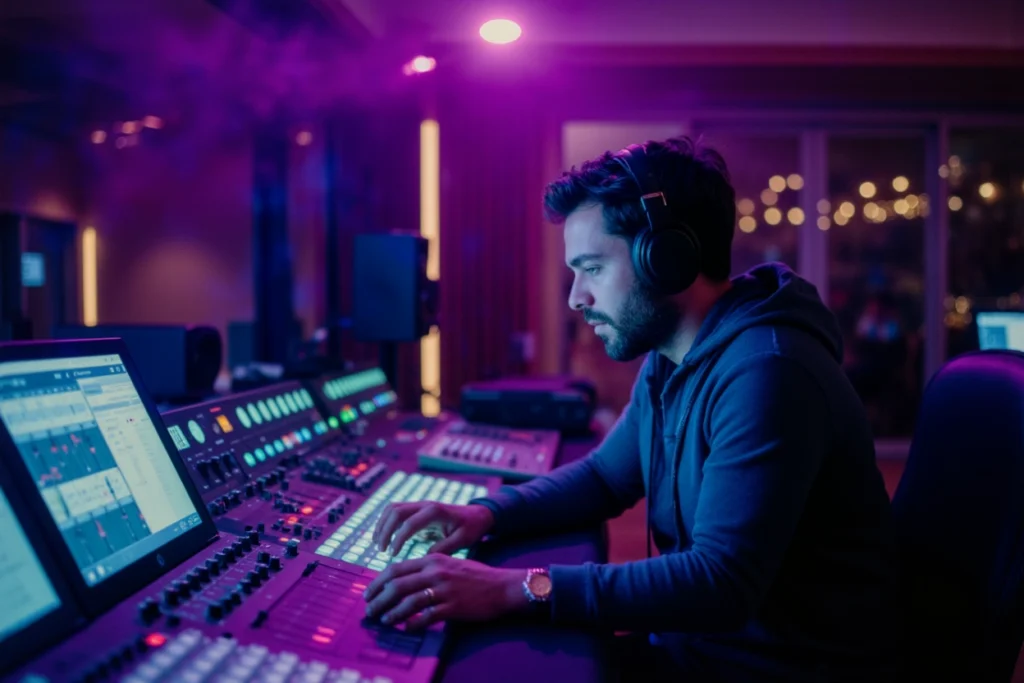 Designer sonore utilisant un synthétiseur et un logiciel MAO pour composer des sons sur mesure dans son studio de sound design