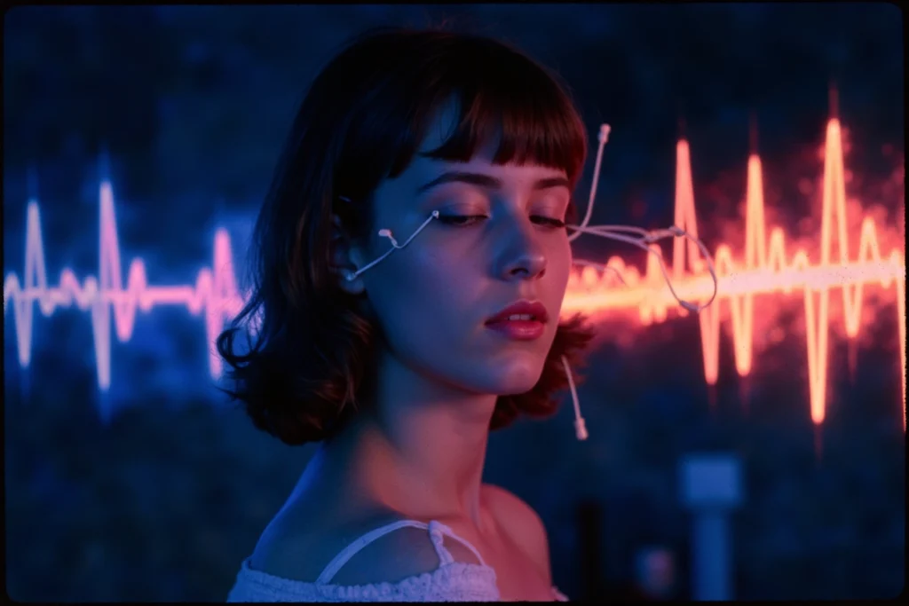 Femme les yeux fermés connectée à des capteurs sonores, avec onde audio lumineuse en arrière-plan – illustration de l’immersion sensorielle par le sound design