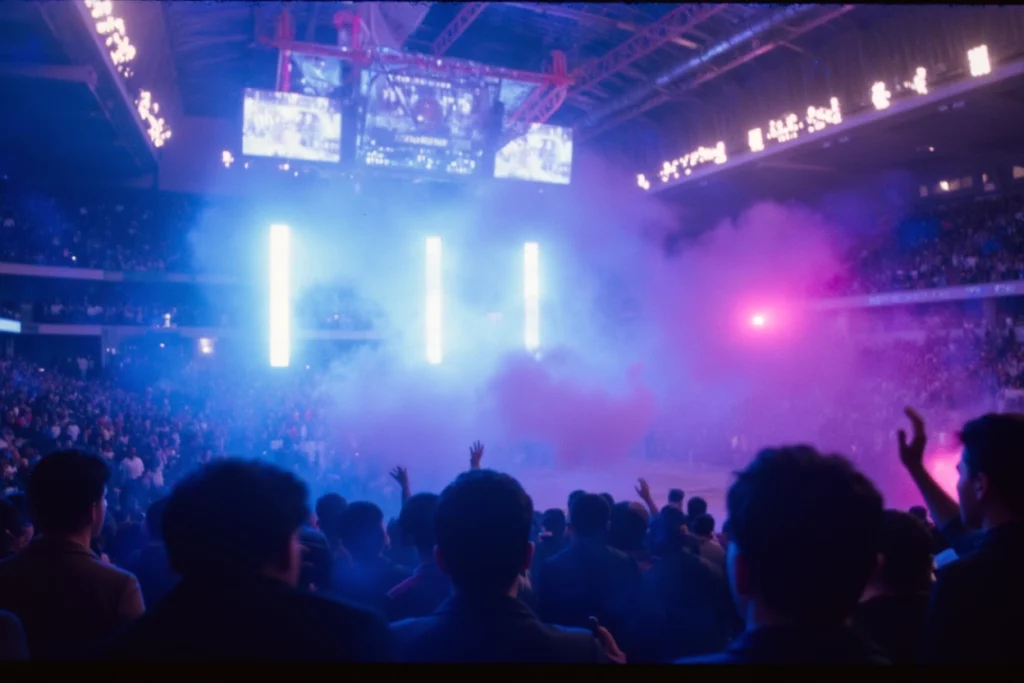 Une scène immersive représentant l’identité sonore dans l'événementiel avec lumières bleues, violettes et fumée