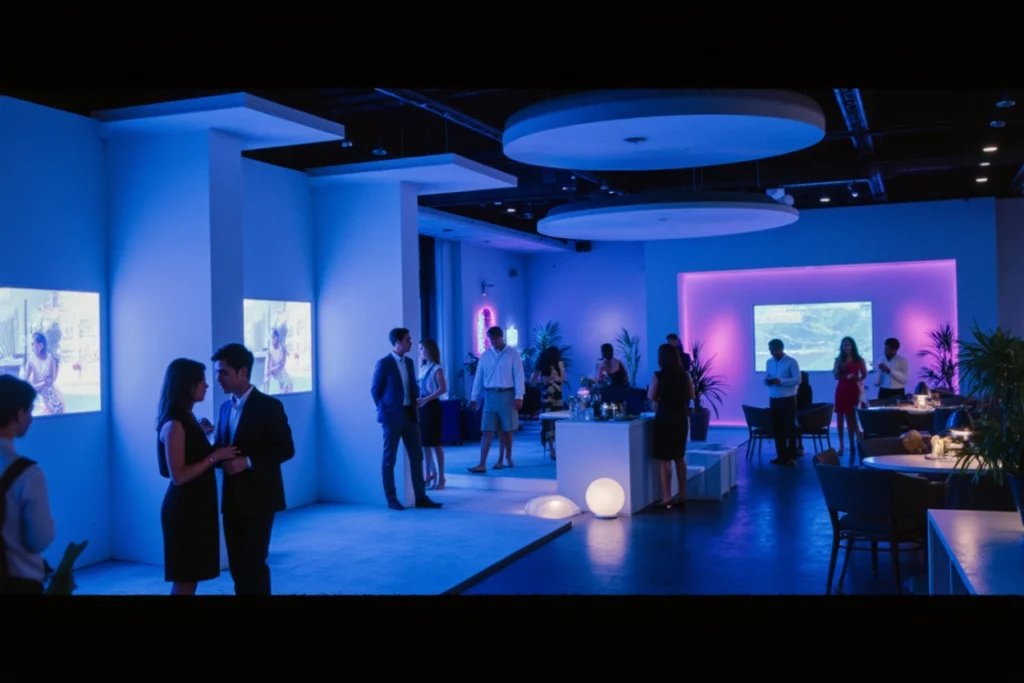 Illustration de l’identité sonore pour des événements dans un lounge baigné de lumières bleues et violettes