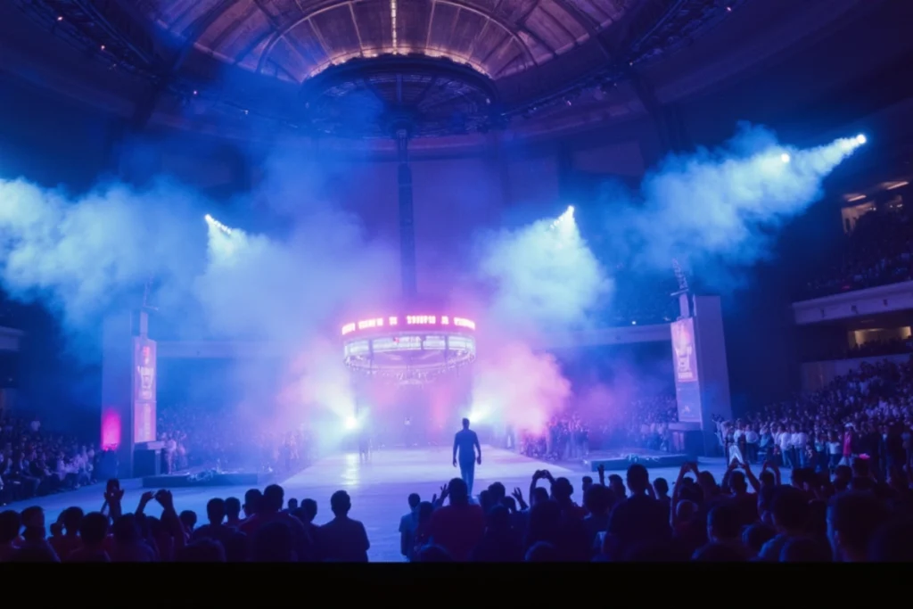 Identité sonore dans l'événementiel à travers une foule immergée dans un show sportif sous des lumières bleues et violettes