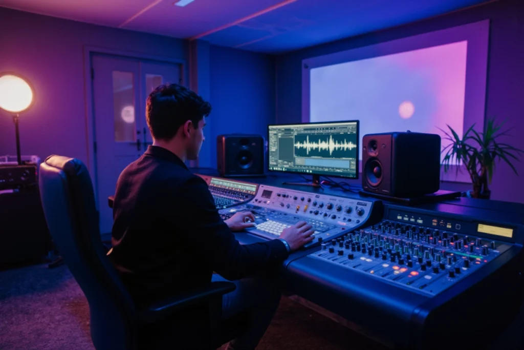 Un ingénieur du son conçoit une identité sonore dans l'événementiel dans un studio aux teintes bleues et violettes