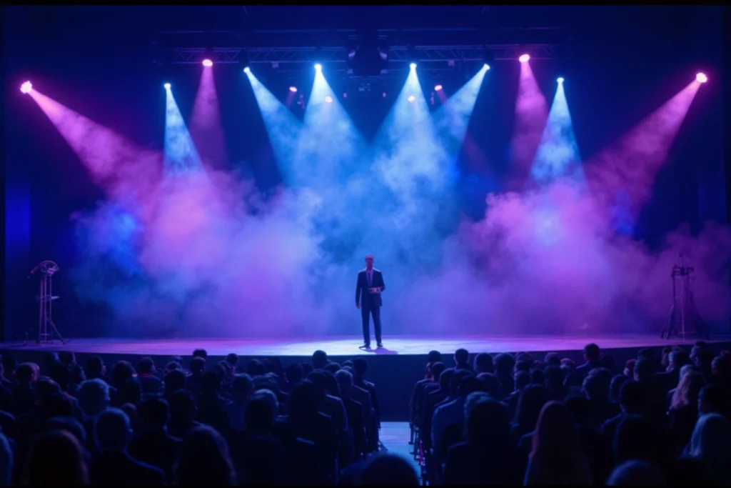 Identité sonore événementielle illustrée par l’entrée d’un conférencier sous des lumières bleues et violettes