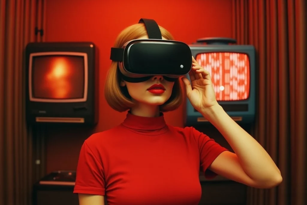 Femme portant un casque de réalité virtuelle dans un univers rouge futuriste illustrant l’intelligence artificielle et la création d’identité sonore