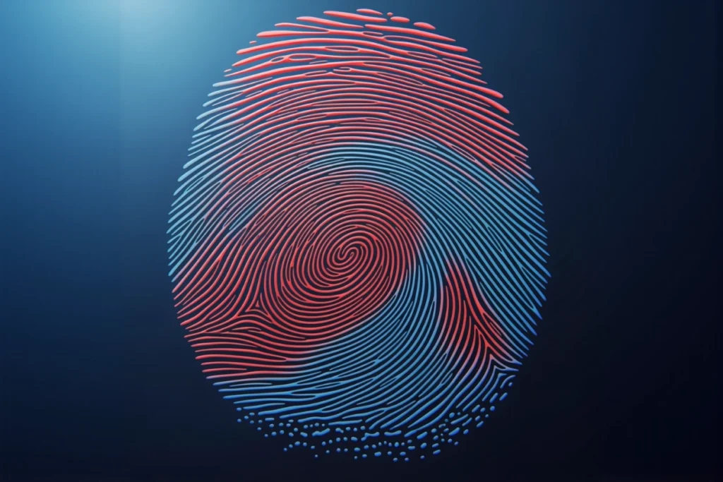 Empreinte digitale rouge et bleue symbolisant la protection juridique et l’unicité d’une identité sonore de marque