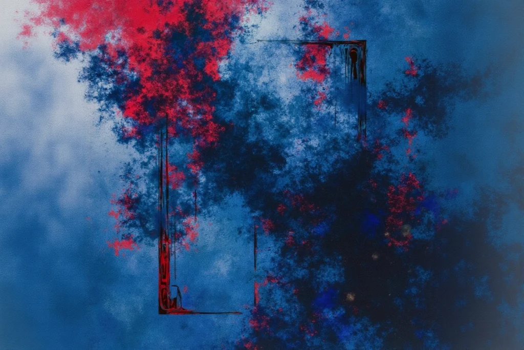 Illustration abstraite en bleu et rouge symbolisant la palette sonore et l’architecture d’une identité sonore en audio branding.