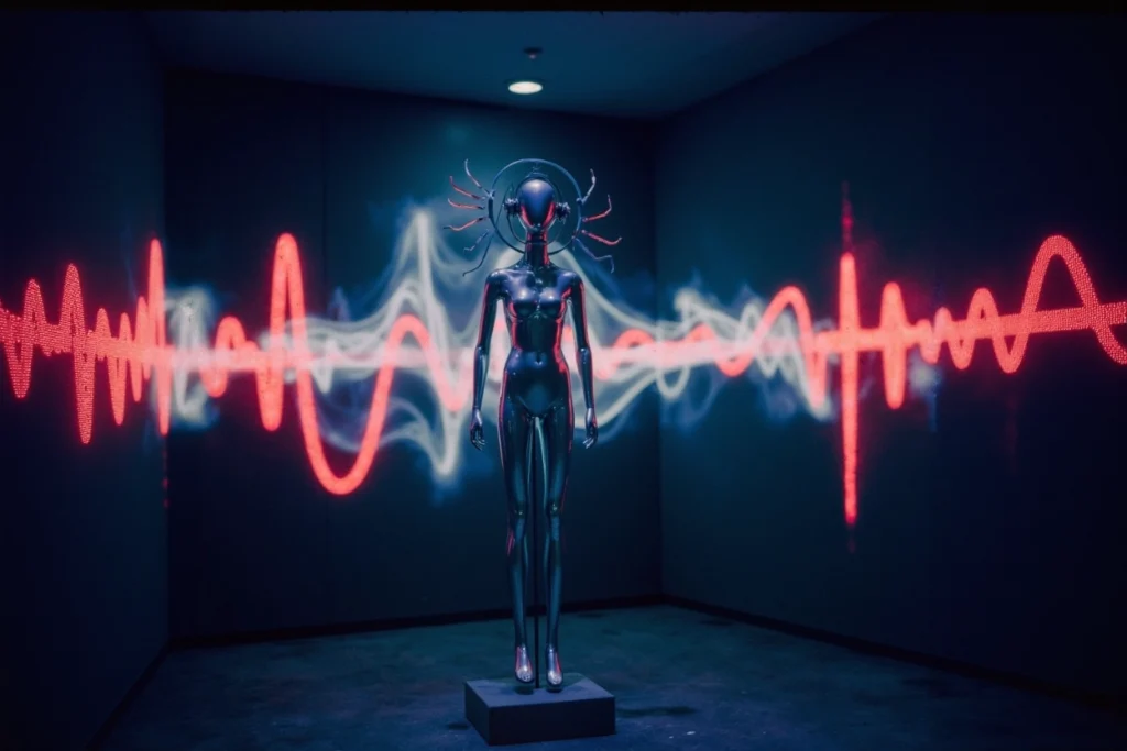 Silhouette futuriste entourée d’ondes sonores lumineuses illustrant la formation en identité sonore et l’appropriation interne d’un territoire audio de marque.